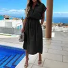 2021 Summer Sundress Kobiety Elegancka Sukienka Plus Size Krótki Rękaw Dorywczo Luźne Przyciski High Waist Work Midi Vestidos Rolka