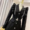 New spring autumn fashion women's ruffles rhinestone patchwork high waist with belt black color blazer suit dress SML