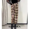 Women Fashion With Knot Side Vent Checked Midi Skirt High Waist Back Zipper Female Skirts Mujer 210420
