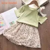 女の子の花の服セット夏の子供かわいいボウタイTシャツと花のスカートの衣装のカジュアルな衣装2 7Y 210429