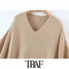 TRAF Women Fashion Patchwork Loose Knitted Sweater Vintage V Neck Batwing Sleeve Female Pullovers Chic Tops 210415