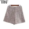 Trafe kvinnor vintage stilig houndstooth tweed shorts mode hög midja sidofickor kvinnliga korta byxor casual pantalones mujer 210415