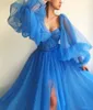 Sexy blauw lange gezwollen mouw tulle a lijn prom dresses lieverd hoge kant split vloer lengte formele speciale gelegenheid feestjurken avondjurk op maat gemaakt