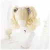 Kawaii Prinzessin Lolita Mädchen blonde hellgoldene synthetische Perücke Frau lockiges Haar Cospaly Kostüm Perücken mit Chip-Pferdeschwänzen + Kappe