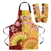 Aprons Cherry Blossom Fan Apron Set Kitchen Cooking Bib Adult Children Baking Gloves Oil-proof Sleeves Sanitary Cleaning