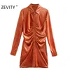 Jesień Moda Kobiety Pomarańczowy Zielony Kolor Plised Pojedynczy Slim Slim Koszula Sukienka Kobieta Z Długim Rękawem Velvet Vestido DS4617 210420