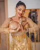 2022 Plus -storlek arabisk aso ebi guld lyxig spetsklänningar pärlor kristaller sexig kväll formella parti andra mottagnings klänningar zj555