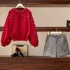 Autumn Winter Two Piece Women Pearls Beading Loose Knitted Sweater Top + Woolen Pocket Shorts Suit Mini Pant Set 210416