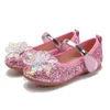 Children Big Girls Dance Shoes Bling Sequins Crystal Flower Flat Heels Princess Shoes for Kids Girls Pink Soft Sole 210713