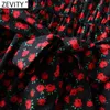 Women Vintage V Neck Rose Flower Print Pleats Ruffles Midi Dress Female Bow Sashes Chic Vestido Casual Cloth DS5026 210416