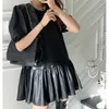 AELEGANTMIS韓国のファッションパフのスリーン女性黒PUレザープリーツミニドレススタイリッシュインメス210607