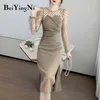 Осенняя мода пэчворк с длинным рукавом женское платье сексуальное разделение элегантные платья корейский романтика вечеринка Vestidos ol 210506