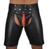 Sexy Mens Shorts Black Faux Charol Open Crotch Skinny Performance Pantalones Hombres Short 210714