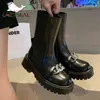 LAZYSEAL Matal Zincir Tasarım Kadın Çizmeler Elastik Bant Platformu Chelsea Boot 5 cm Kauçuk Kalın Alt Tıknaz Goth Sonbahar Kadın Ayakkabı Y0914