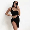 Asymmetrical Beach Outfits Women One Shoulder Crop Tops Tie Side High Split Irregular Mini Femme Skirt Sexy Holiday 2 Pcs Sets 210507