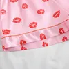 Moda verão pijama conjunto 2 peças pijamas curtos para meninas rosa lábios impressão sleepwear lounge desgaste cetim seda pjs casa 210809