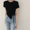 6 Kolor Lato Wszystkie Dopasowanie White Split Sznurek Crop Topy O Neck Krótki Rękaw Tees Elastyczne Tight Tshirts Solidne Styczne Słodkie 210610