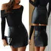 Women's Mini Pencil Skirt Sexy Mid Waist Faux Leather Solid Color Bodycon Short Skirts