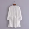 Women Elegant Pure White Hollow Out Cotton Mini Dress High Waist Dot Embroidery V-neck Long Sleeve Summer Dress Femme Vestidos 210521