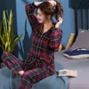 Mulheres pijamas conjuntos de algodão sleepwear colarinho coleira de manga longa outono plus tamanho pijama lattice casual homewear pijama 210809