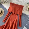 Women Winter Sweater Dress Off-shoulder Oversized Basic Knit Midi Party Vestidos Chic Warm Knitted Irregular Dresses 210419