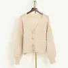 Damen Strickpullover Mantel Button Up Rosa V-Ausschnitt Jacke und Strickjacken Laternenärmel Poncho Casaco feminino 210430