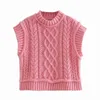 Giubbotto per maglione a cavo rosa Donne vintage con maniche a maniche ad alta manica