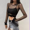 Sexy Fishnet Women Crop Top Summer Brazilian Solid Mesh T Shirts For Long Sleeve Tees