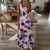 女性の印刷ドレス夏の大きい水玉ノースリーブロングドレス2021ファッションボヘミアンホリデースタイルビッグスイングハイウエストドレスx0521