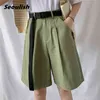 Seoulish Summer Women Casual Cargo Half Pants with Belted High Waist Chic Wide Leg Pant Elegant Loose Trousers Pocket 210721