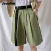 Seulish Summer Women Casual Cargo Half Spodnie z High High Waist Chic szerokie nogi Pant Eleganckie luźne spodnie kieszeń 210721