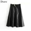Kobiety Chic Pu Faux Skórzana spódnica z pasem Elegancka A-Line Black Midi Side Zipper Stylish S Faldas Mujer 210515