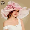 FS Rosa Kentucky Derby Chapéu Para As Mulheres Organza Sun Chapéus Flores Elegante Verão Grande Brim Grande Brim Wedding Igreja Fedoras T200602