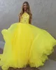 Abito da concorso giallo per bambini bambini adolescenti 2024 corpetto di perline Ritzee Roise Organza Long Girl Girl Kid Girl Abito da festa formale Cristallina a V-Back Crystas Halter