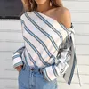 Femmes Une Épaule Tops Rayé À Manches Longues Blouses Bow Casual Élégant Bureau Dames Blouse Femme Chemises Sexy Mode 210522