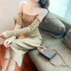 Slim Torba Hip Koreański Kolor Dopasowywanie Sweter Dzianiny Dress 2021 Jesień Wygodne Back Slit Drut Dress Elegant Odzież Kobiety Y1204