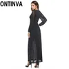 Feminina Bling Lanterna Lanterna Dress Sexy V-Pescoço Cintura Alta Vintage Long Ankle Comprimento Preto Partido Jantar Vestidos Noite 210527