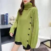Loose Long-sleeved Solid Turtleneck Sweater Female Button Decoration Lazy Irregular Mid-length Knitted Women Spring 210427