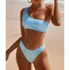 Riseado Sexy Hohe Taille Bikinis Bandeau Bademode Frauen Gerippte Damen Badeanzüge Eine Schulter Badeanzüge Solide Biquini 210722