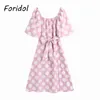 Bolinhas rosa vintage vestido mulheres lanterna manga slit longo elegante verão maxi a linha boho roupas 210427