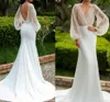 2022 신부 가운 트럼펫 웨딩 드레스 V 목 법원 기차 새틴 긴 간단한 백리스 환상 슬리브 탑 스팽글 Vestido de Noiva Robe de Mariage