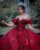 2021 Sexy glitzernde Pailletten Lave abnehmbare Ärmel Quinceanera-Kleider Ballkleid Tüll schulterfreie Pailletten Burgunderrot Dunkelrot Sweet 15 Abendkleid