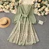 Vintage Autumn Floral Dress Women's Design Strap Waist Slim V-neck over-the-Knee midi Dress Women vestidos de fiesta 210514