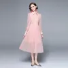 Casual Dresses Autumn Ladies Pink Shirt Pleated Dress Vestidos 2021 Elegant Women Mesh High midja Fairy Midi