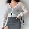 Karrram Sexy durchsichtige abgeschnittene Strickjacke Frauen dünne aushöhlen gestrickte Strickjacken Langarm V-Ausschnitt Pullover Crop Tops Koreanisch 211103