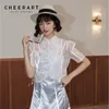 Organza Transparent Bluzka Kobiety Rękaw Puff Top Top White Collar Designer Designer Tulle 210427