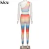 Kliou Gradient Printed Colorful Sporty Athleisure Two Piece Outfits Women Sleeveless Crop Top+Pants One Shoulder Matching Sets 211105