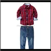 Sats Baby Baby Kids Maternity Drop Leverans 2021 2 st Fashion Boys Bomull Plaid Red Shirt Blå Solid Jeans Kläder Ställ Barn Långärmad