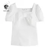 FanSilanen مكتب سيدة النفخة كم قمم المرأة bowknot مربع طوق قميص أبيض الصيف البلوزات قصيرة 210607