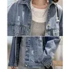 Basic Bomber Coat Vintage Fabric Print Patchwork Denim Jacket Women Cowboy Jeans Autumn Frayed Ripped Hole Jean Outwear 210520